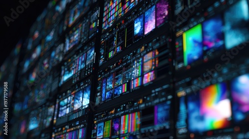 Multiple dark screens form a large media wall displaying diverse video feeds, data visualizations and colorful graphics in a modern control room for monitoring and broadcast operations