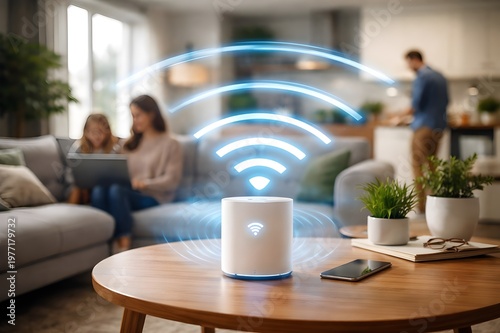 Smart Home WiFi Router with High Speed Wireless Signal Glowing in Modern Living Room with Blurred Family in Background
