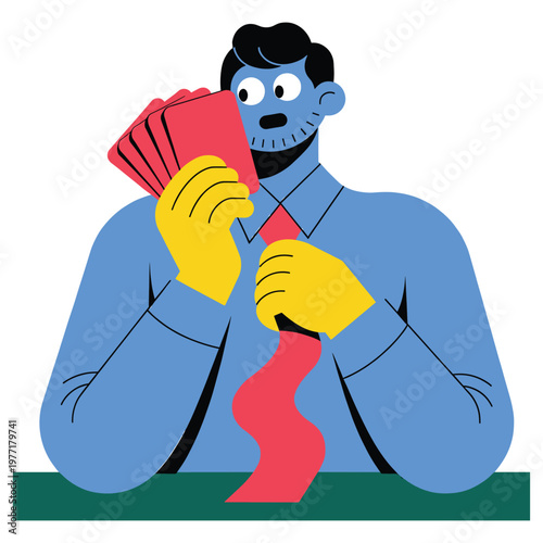 Businessman hiding his face behind red playing cards while wearing necktie vector design.