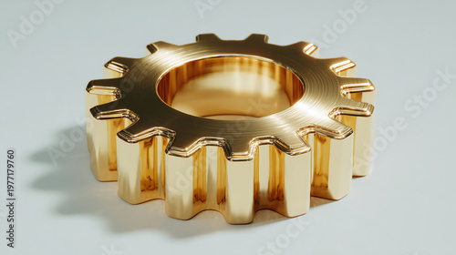 A shiny golden gear with a smooth finish and distinct teeth, symbolizing engineering and mechanics.