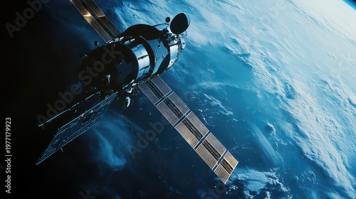 Communication satellite flying above earth, collecting solar energy for vital global communication, broadcasting, data transmission, and weather monitoring, enabling universal access to information