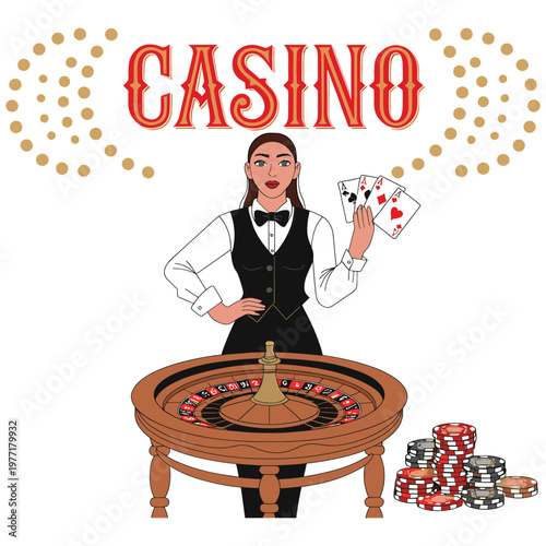 Casino dealer with roulette wheel and poker cards presenting gambling entertainment.
