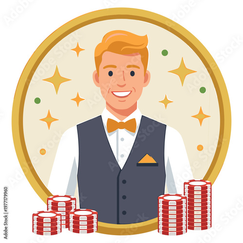 Casino dealer smiling in circle with chips representing gambling and wealth.