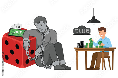 Chained gambler trapped by dice and bet money, representing addiction and debt.
