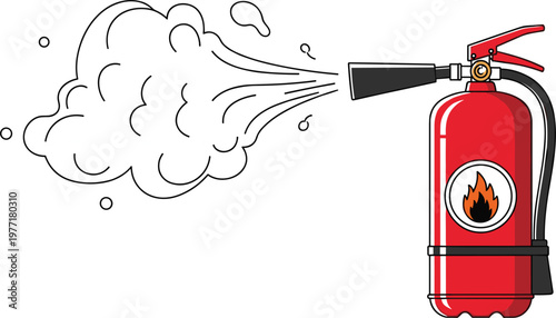 Cartoon Fire Extinguisher Spraying Foam to Extinguish Fire, Fire Safety Equipment Illustration