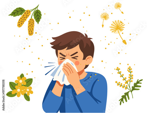 Boy Sneezing from Pollen Allergy, Birch and Ragweed Allergy, Seasonal Allergy Concept, Child with Tissue, Hand Drawn Vector Illustration
