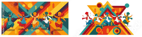 Vibrant Baisakhi festival poster template with Indian cultural elements, dancing silhouettes, traditional harvest celebration design, colorful vector illustration, festive Punjabi theme layout.