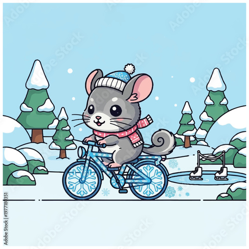 Cute chinchilla on blue bicycle.