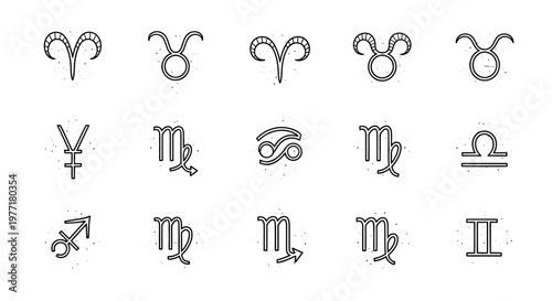 Astrology symbols are arranged in a clean grid pattern on white.