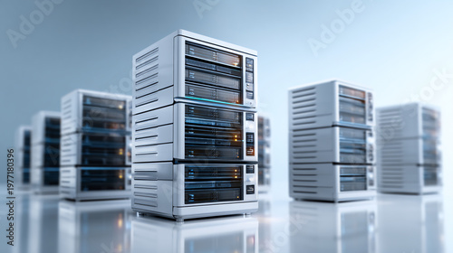 A sleek array of modern servers stacked in a data center, showcasing advanced technology and connectivity in a professional environment.