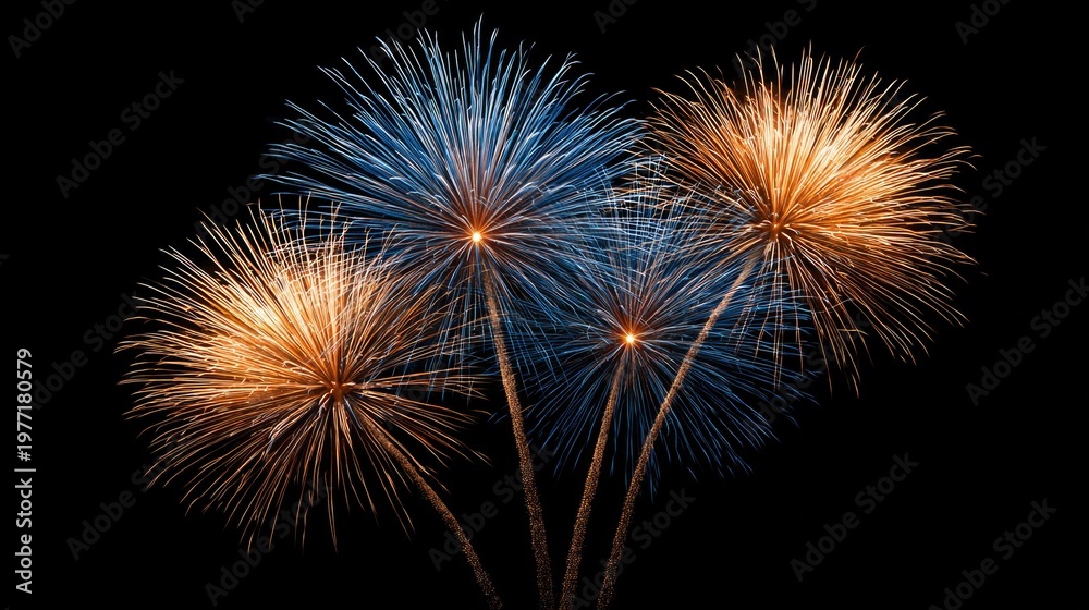 Fototapeta premium Colorful Explosion of Fireworks in Night Sky with Bright Blue and Orange Bursts for Celebration and Festive Events