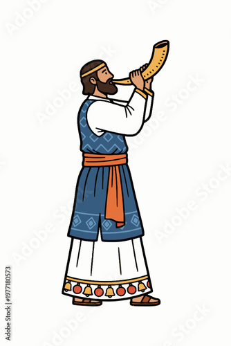 Εκτύπωση καμβά Hebrew Priest Blowing Shofar Ram Horn Illustration