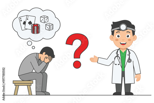 Doctor offers help to stressed man troubled by gambling thoughts and dice.