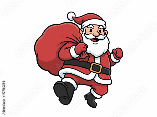 Santa Claus running with large red gift sack on white background