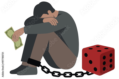 Gambling addiction traps man with money and dice symbolizing debt and financial ruin.