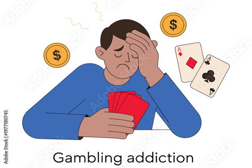 Gambling addiction man holds cards looks stressed with coins and playing cards around.