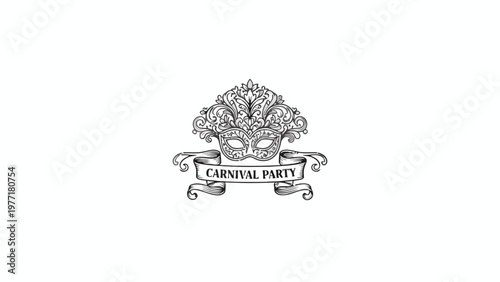 Masquerade Mask with Carnival Party Banner Etching Illustration