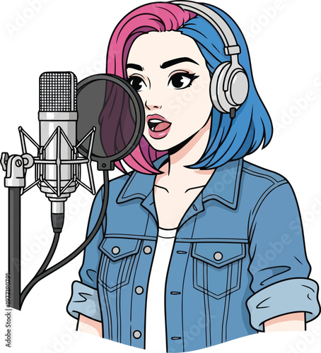 Young woman with pink and blue hair wearing headphones and speaking into a condenser microphone with pop filter