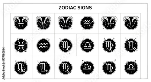 Zodiac signs are presented as circular black icons with star.