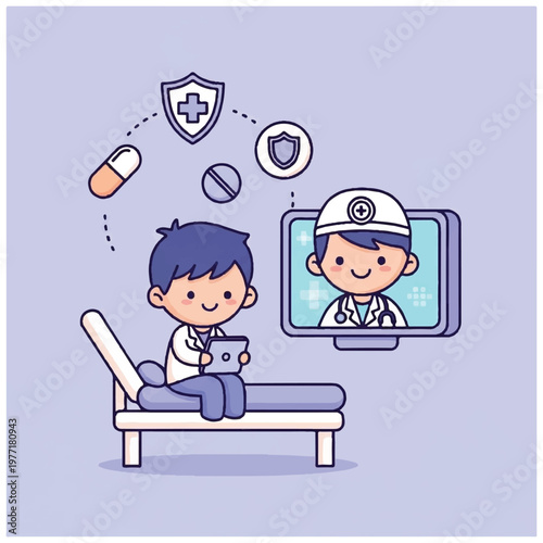 Telemedicine boy on bed with doctor.