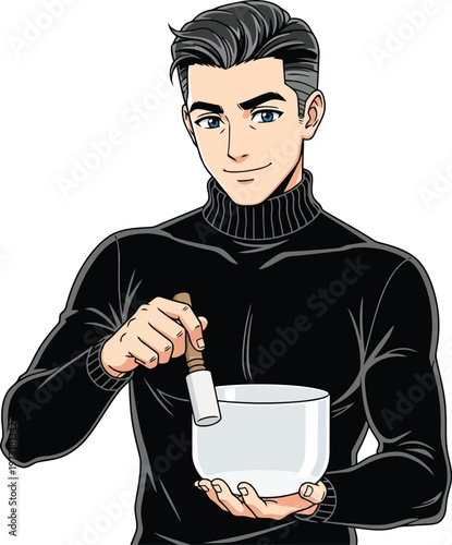 Young man with stylish hair wearing a black turtleneck sweater holds a Tibetan singing bowl and mallet ready for meditation