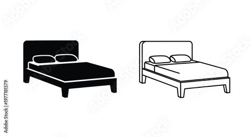 Two black and white line drawings of modern platform beds with pillows