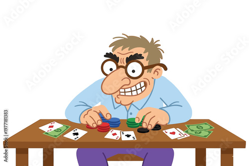 Greedy gambler with cards and money on table.
