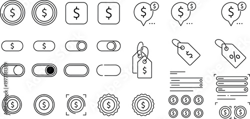 Minimal payment and pricing UI line icons set with dollar symbols toggles tags coins buttons and discount labels