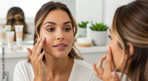 Woman applying skincare product thoughtfully in a bright bathroom with natural beauty products and plants in the background