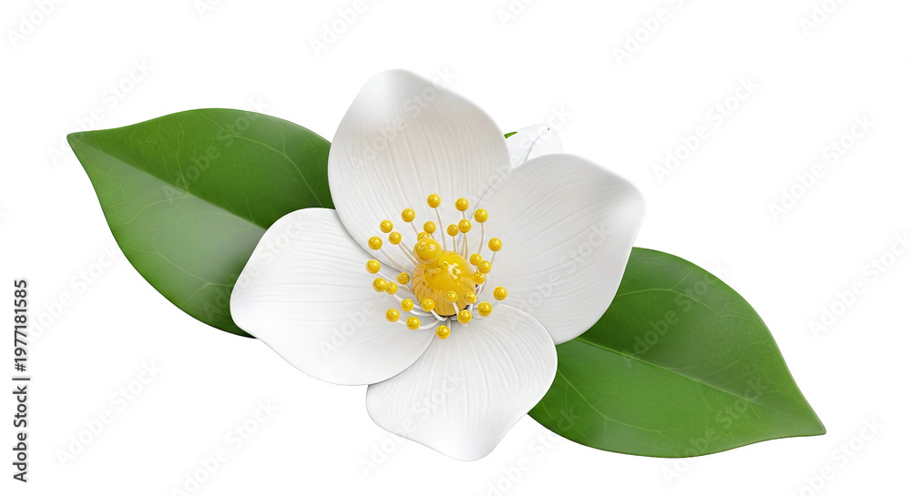 Fototapeta premium 3D Render of a White Jasmine Flower with Green Leaves