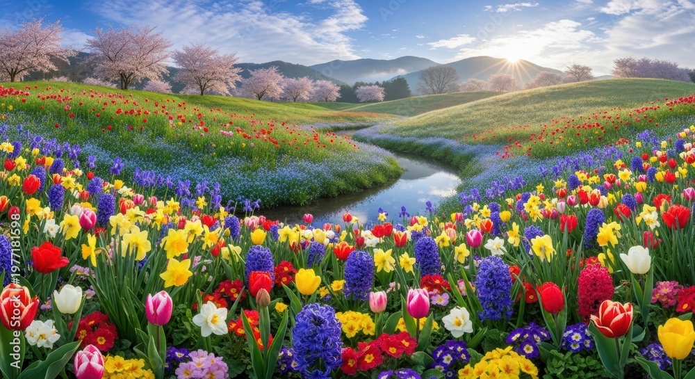 Obraz premium Vibrant Spring Landscape With Colorful Tulips And Wildflowers Along A Serene Pond Under Golden Sunlight