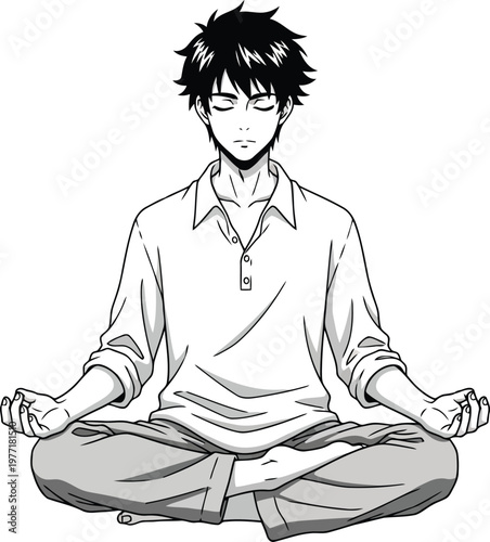 Young man with black messy hair meditating peacefully in a lotus position with eyes closed on transparent background