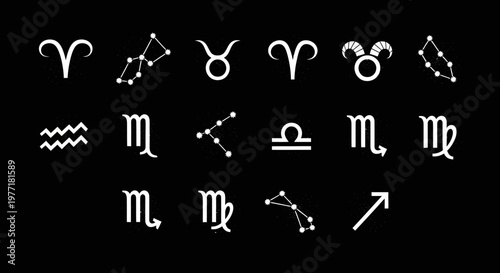 Zodiac signs and constellations are arranged on a simple black.