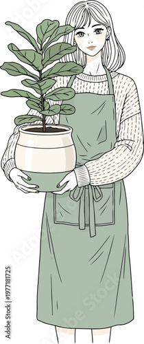 A woman wearing an apron and sweater carefully holds a potted houseplant with large green leaves