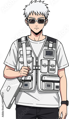 Young man with white hair wearing sunglasses and a tactical vest with a crossbody bag and a laptop carrying a modern fashionable style