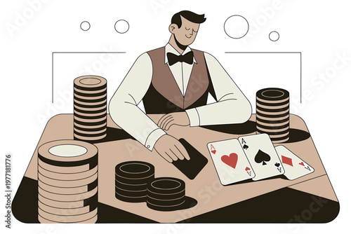 Male card dealer sitting at table with poker chips and playing cards in flat design style.