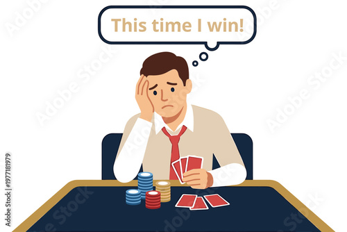Man feeling sad at poker table with cards and chips losing hope for win.