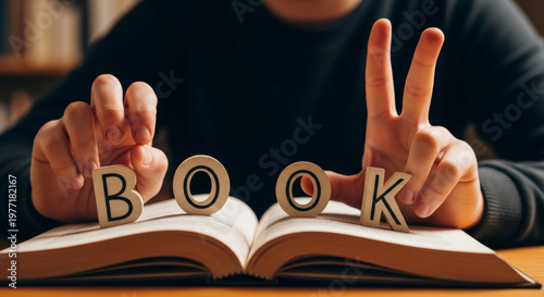 Hands holding letter blocks spelling 