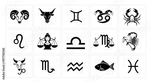 Astrological icons represent the twelve classical signs of the zodiac.