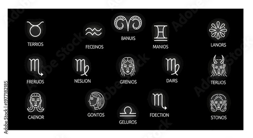 Constellations appear as glowing neon symbols against a dark background.