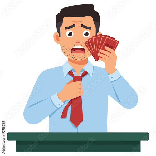 Man looking worried with cards and holding tie, symbolizing stress and bad luck.