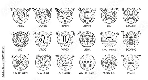 Zodiac signs are displayed as a collection of ornate circular symbols.
