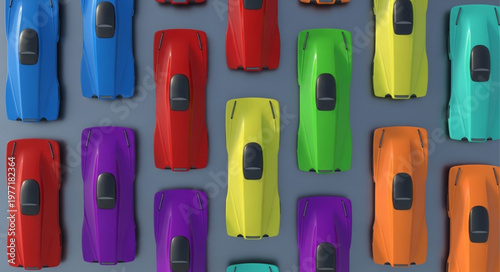 Collection of colorful toy cars arranged in rows.