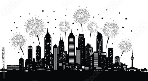 Celebratory fireworks illuminate a city skyline at night