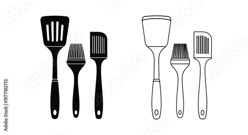 Minimalist illustration of black and pink kitchen spatulas and turners