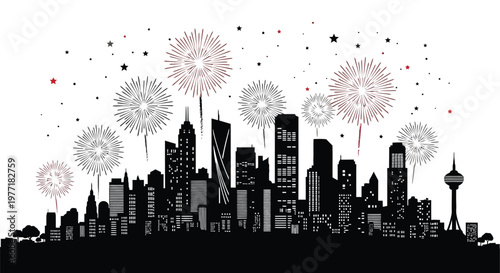 Festive fireworks illuminate a silhouetted cityscape at night