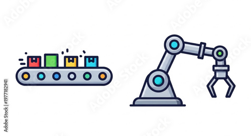 Automated factory conveyor belt with robotic arm and boxes.