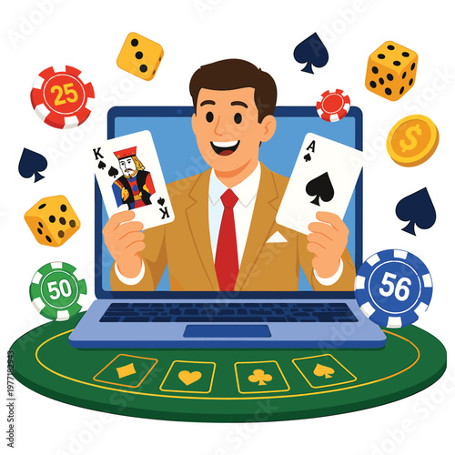 Online casino concept showing smiling dealer holding playing cards on laptop screen area.