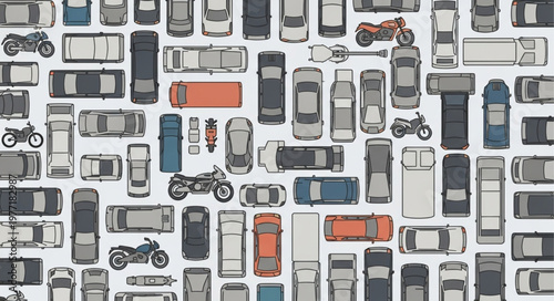 Aerial view of many parked cars and motorcycles.