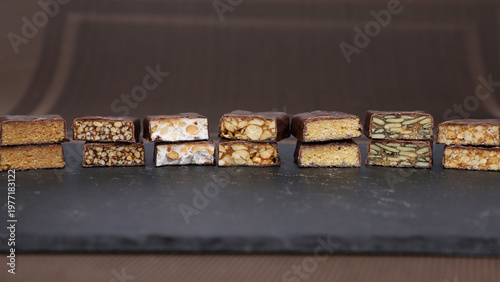 Group of assorted chocolate candy bars.